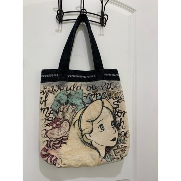 Loungefly Handbags - Disney Loungefly Alice in Wonderland Denim Canvas Tote Bag Cheshire Cat